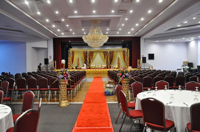 Empty chairs and tables in banquet hall