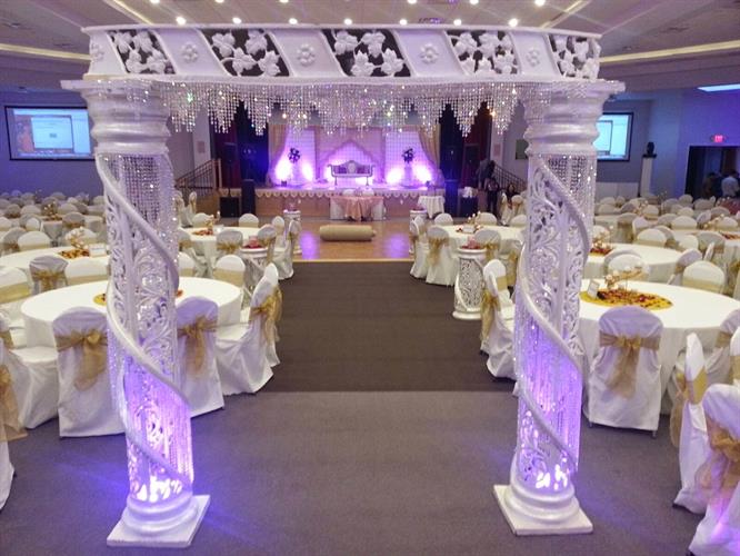 Empty chairs and tables in banquet hall