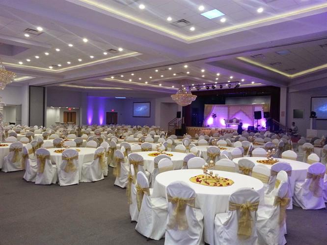 Empty chairs and tables in banquet hall