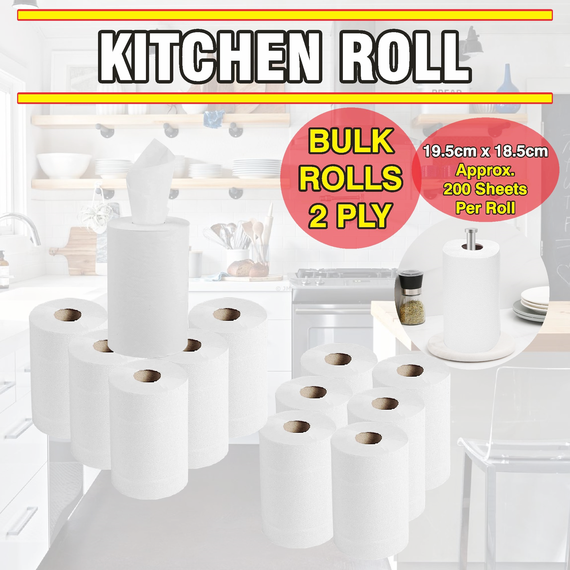 White Kitchen Rolls (2 Ply, 40gsm Paper, 8" x 8", 200 Pulls) : 25 Units
