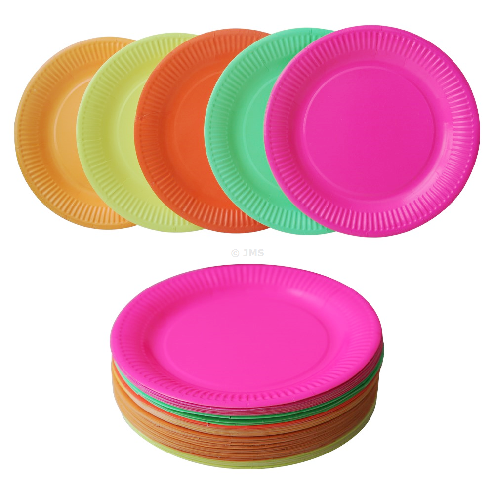 Pack of 30 - Disposable Neon Paper Plates 9 inch (23cm) Dinner Party Plates